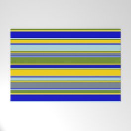 [ Thumbnail: Colorful Powder Blue, Green, Yellow, Slate Gray & Blue Colored Striped Pattern Welcome Mat ]
