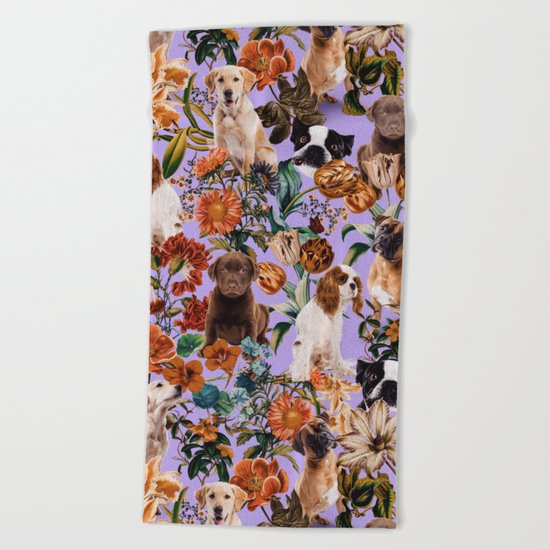 Dog and Floral Pattern Beach Towel