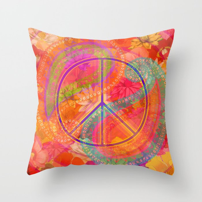 Hippie Chic Paisley Flowers Peace Throw Pillow