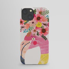 Pink flamingo with flowers on head iPhone Case
