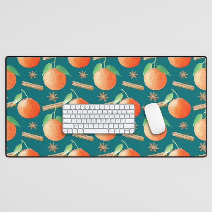 Tangerines, Cinnamon and Star Anise Watercolor Teal Desk Mat