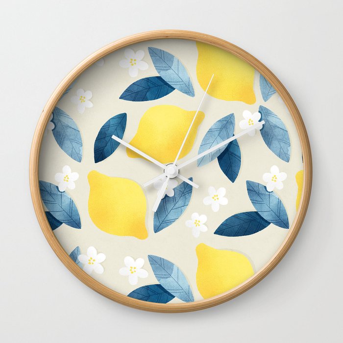 Lemons and Blue Leaves Pattern Wall Clock