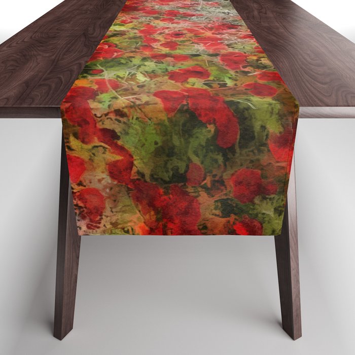 Beautiful Red Wildflower Anemones Abstract Art Table Runner