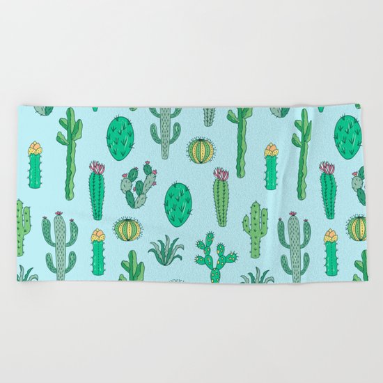 Cactus Pattern Light Blue Beach Towel