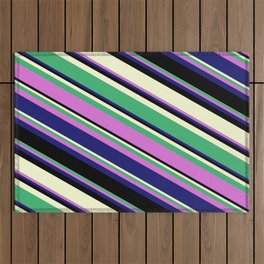 [ Thumbnail: Sea Green, Orchid, Midnight Blue, Black, and Light Yellow Colored Lines/Stripes Pattern Outdoor Rug ]
