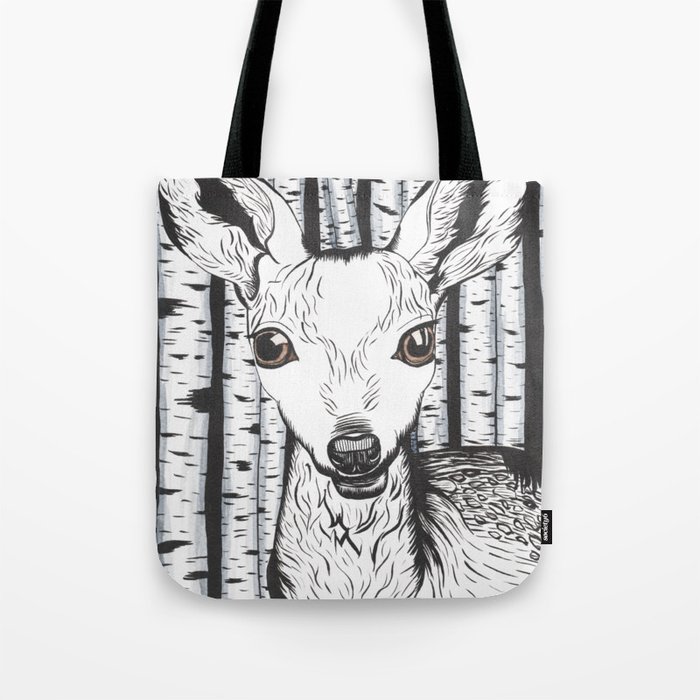 Ink and watercolor black and white doe/deer in the forest Tote Bag