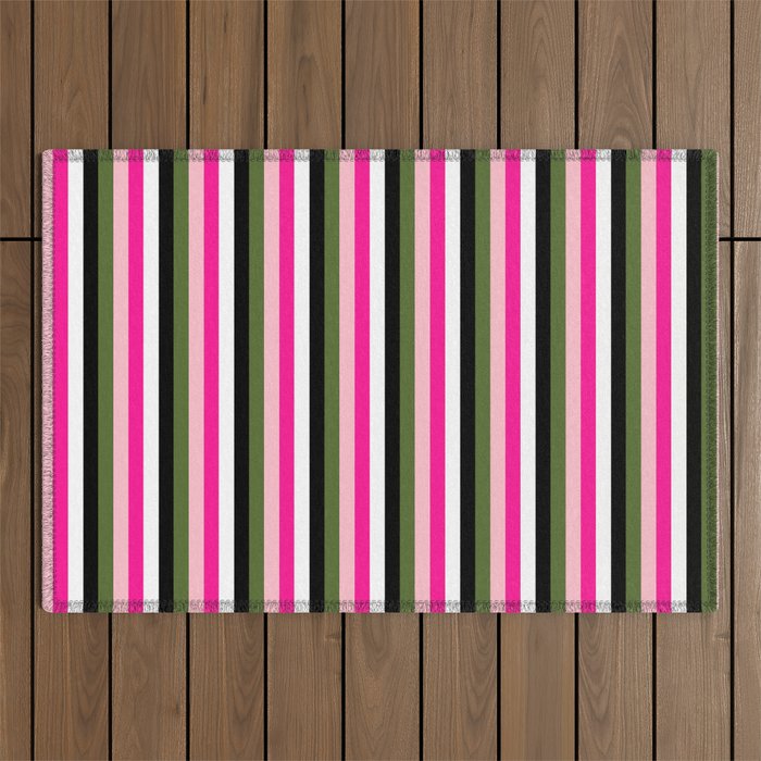 Colorful Deep Pink, Pink, Dark Olive Green, Black, and White Colored Lined Pattern Outdoor Rug