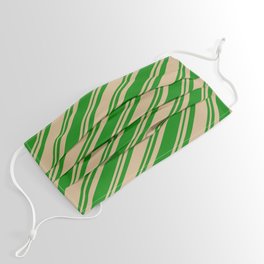 [ Thumbnail: Tan and Green Colored Lined Pattern Face Mask ]