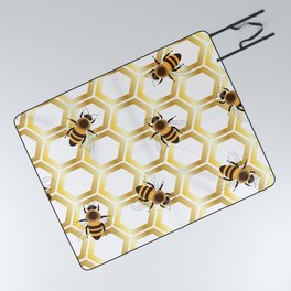  Golden honeycomb with honeybees on a white background. Picnic Blanket