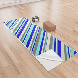 [ Thumbnail: Aquamarine, Grey, Beige & Blue Colored Pattern of Stripes Yoga Towel ]
