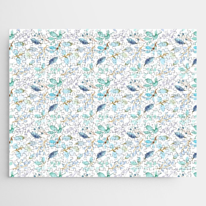 Watercolor Gold Blue Feathers Collection Jigsaw Puzzle