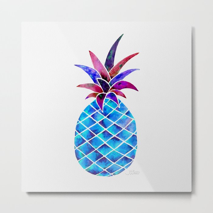 Pineapple Watercolor - Blue & Fuchsia Metal Print