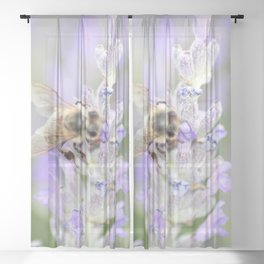 Honey Bee Close Up On Lavendar Nature Photography Sheer Curtain