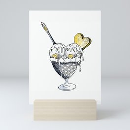 Ice cream in vintage waffle bowl with spoon and heart cookie Mini Art Print