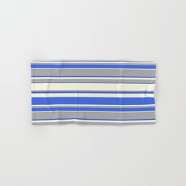 [ Thumbnail: Beige, Dark Grey & Royal Blue Colored Pattern of Stripes Hand & Bath Towel ]