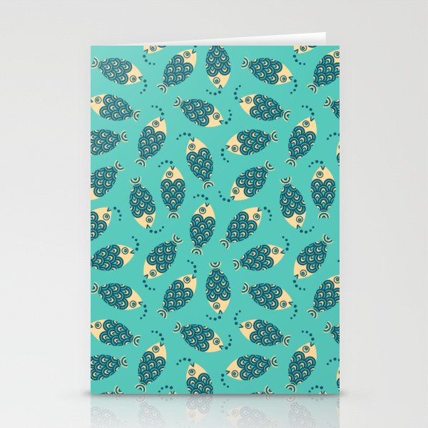 TOSSED SWIMMING FISH in COASTAL BLUE AND CREAM ON TURQUOISE Stationery Cards
