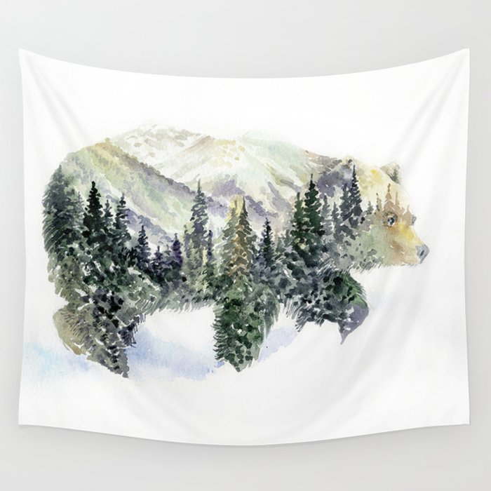 Mr Bear -  Mountains & Forest Double Exposure Watercolor Art Wall Tapestry