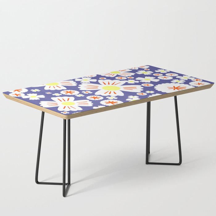 Retro Yellow Daisy Flowers on Periwinkle Coffee Table