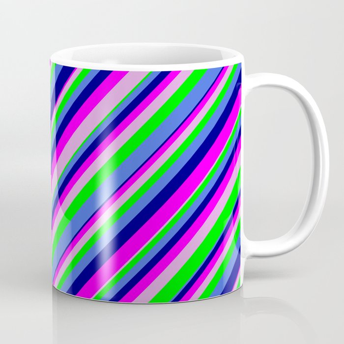 Eyecatching Royal Blue, Blue, Fuchsia, Plum, and Lime Colored Lined/Striped Pattern Coffee Mug