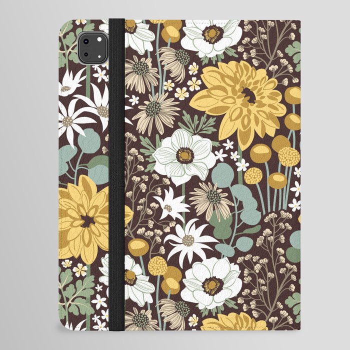 Boho garden // expresso brown background sage green yellow ivory and white flowers  iPad Folio Case