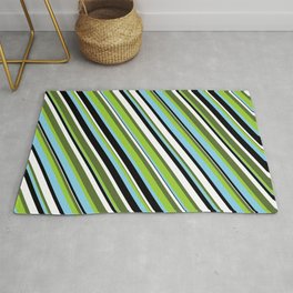 [ Thumbnail: Eye-catching Dark Olive Green, Green, Sky Blue, Black & White Colored Stripes/Lines Pattern Rug ]