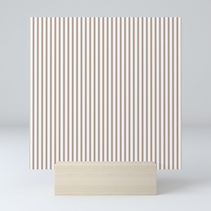 Mattress Ticking Narrow Striped Pattern in Chocolate Brown and White Mini Art Print