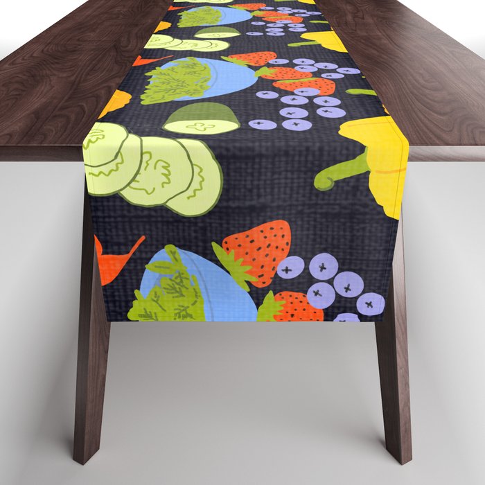 Retro Modern Fruits and Vegetables Indigo Blue Table Runner