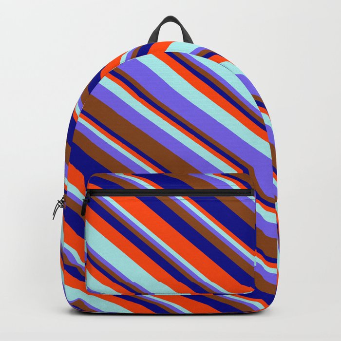 Red, Turquoise, Medium Slate Blue, Brown & Dark Blue Colored Striped/Lined Pattern Backpack