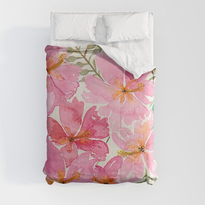 Tropical Pink Hibiscus Watercolor Flowers Comforter