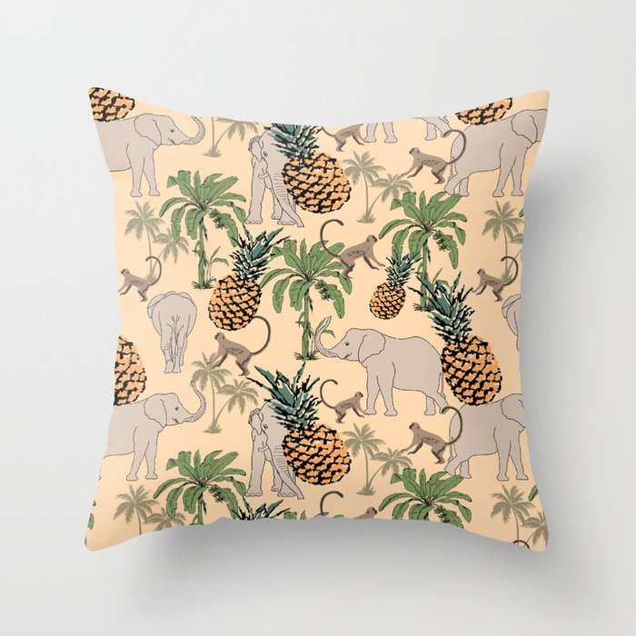 Tropical fruit and animal pattern elephants, monkeys, palm tree and pineapple Throw Pillow
