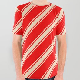 [ Thumbnail: Red & Bisque Colored Lined Pattern All Over Graphic Tee ]