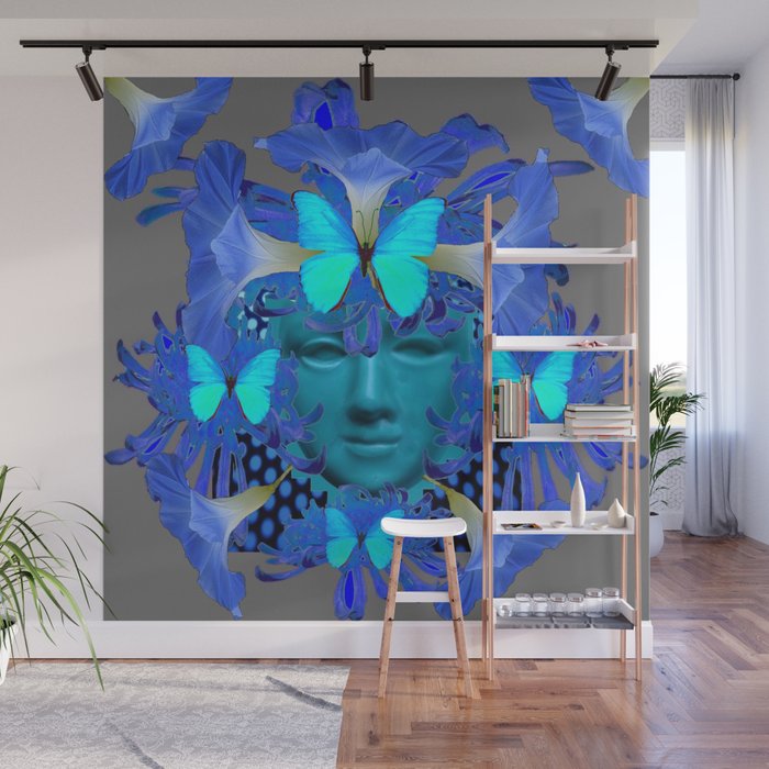 BLUE MORNING GLORIES BUTTERFLY MASQUERADE DESIGN Wall Mural