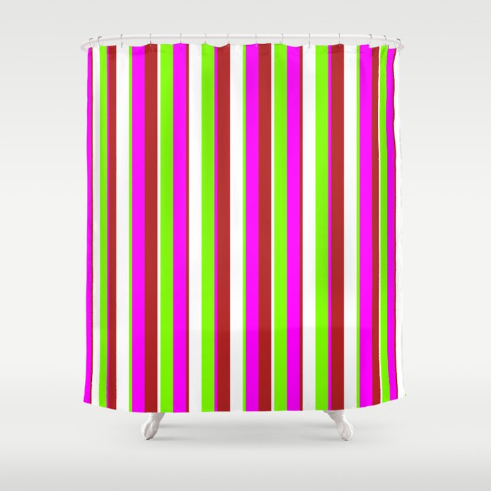 Chartreuse, Fuchsia, Red & White Colored Lined/Striped Pattern Shower Curtain