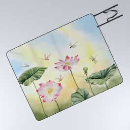 Lotus and Dragonflies  Picnic Blanket