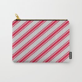 [ Thumbnail: Light Grey & Crimson Colored Striped Pattern Carry-All Pouch ]