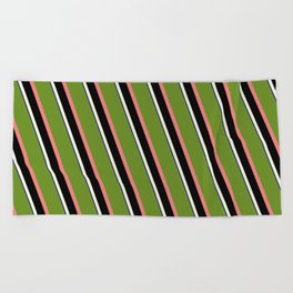 [ Thumbnail: Eyecatching Green, Light Coral, Black, Beige, and Dark Blue Colored Lined/Striped Pattern Beach Towel ]