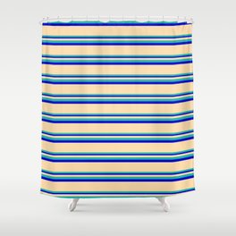 [ Thumbnail: Tan, Light Sea Green & Blue Colored Striped Pattern Shower Curtain ]