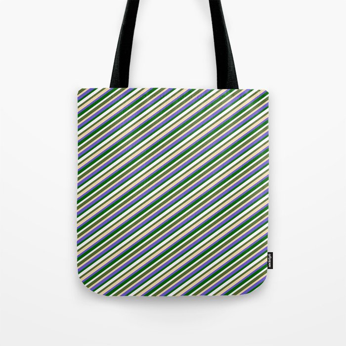 Colorful Dark Olive Green, Tan, Slate Blue, Dark Green, and White Colored Lines/Stripes Pattern Tote Bag