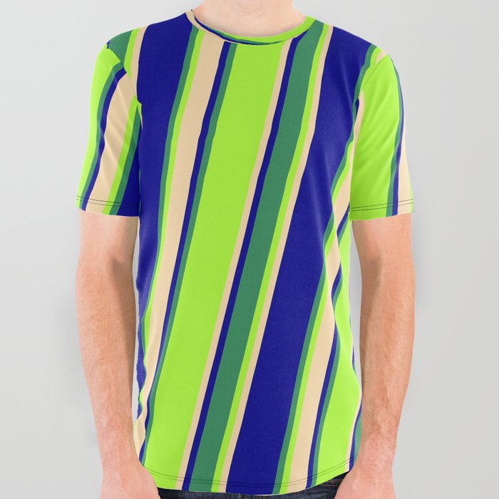 Light Green, Tan, Dark Blue & Sea Green Colored Striped Pattern All Over Graphic Tee