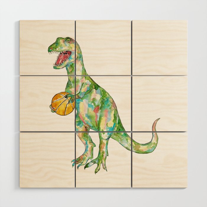  T-rex basketball dinosaur painting watercolour Wood Wall Art