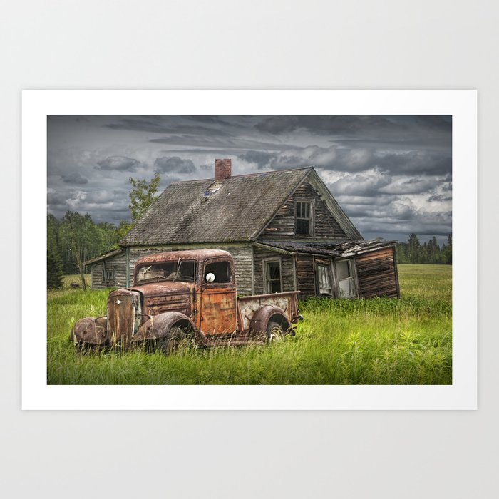 Old Vintage Pickup in front of an Abandoned Farm House Art Print