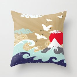 Japanese Traditional Art Crane Waves Throw Pillow