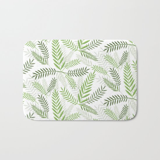 GREEN LEAVES ON WHITE Bath Mat