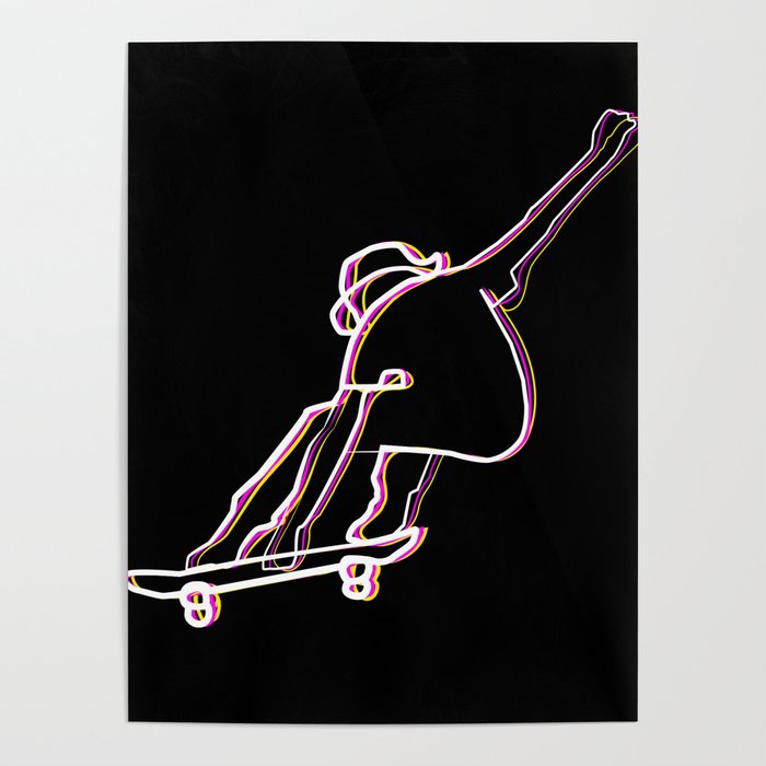 skater illustration, skateboard one liner outline drawing black Poster