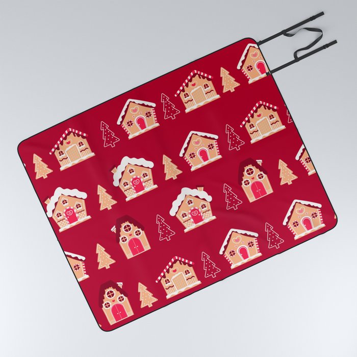 Colourful Gingerbread Houses and Christmas Tree Seamless Pattern Picnic Blanket