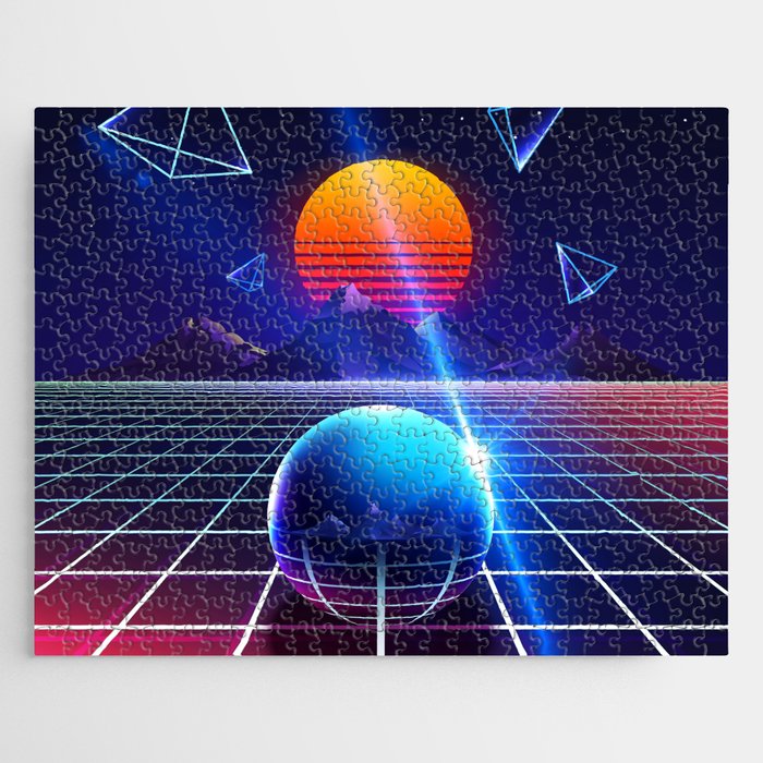 Neon sunset, mountains and sphere Jigsaw Puzzle