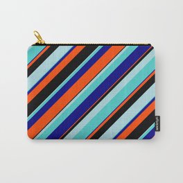 [ Thumbnail: Eye-catching Powder Blue, Turquoise, Blue, Red, and Black Colored Lined/Striped Pattern Carry-All Pouch ]
