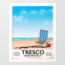 Tresco Isles of Scilly vintage train poster Art Print | Tresco, Sandybeach, Train, Britishtravel, Trescoislesofscilly, Islesofscilly, Trescoislesofscillyrailway, Deckchair, Graphicdesign, Englishtrain 