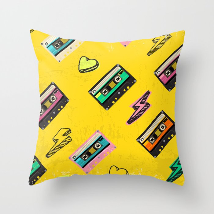 70's, 80's cassette tape vintage retro background. Fashionable poster simple graphic old style with heart and flash. Disco love party 1980. Yellow Throw Pillow
