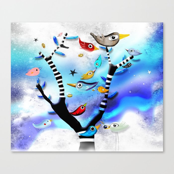 Bids striped black and white tree nursery sky - Rupydetequila Art Canvas Print